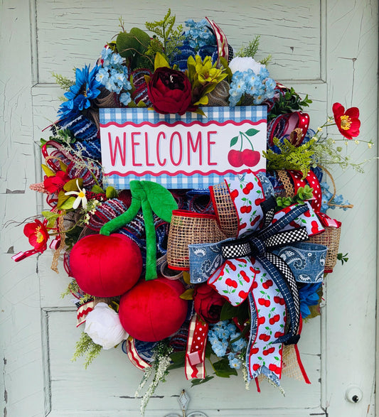 Plush Cherry Wreath with Blue Florals | Seasonal Summer Welcome Wreath Rustic Cherry Door Wreath | Spring Summer Decor | Front Door Wreath