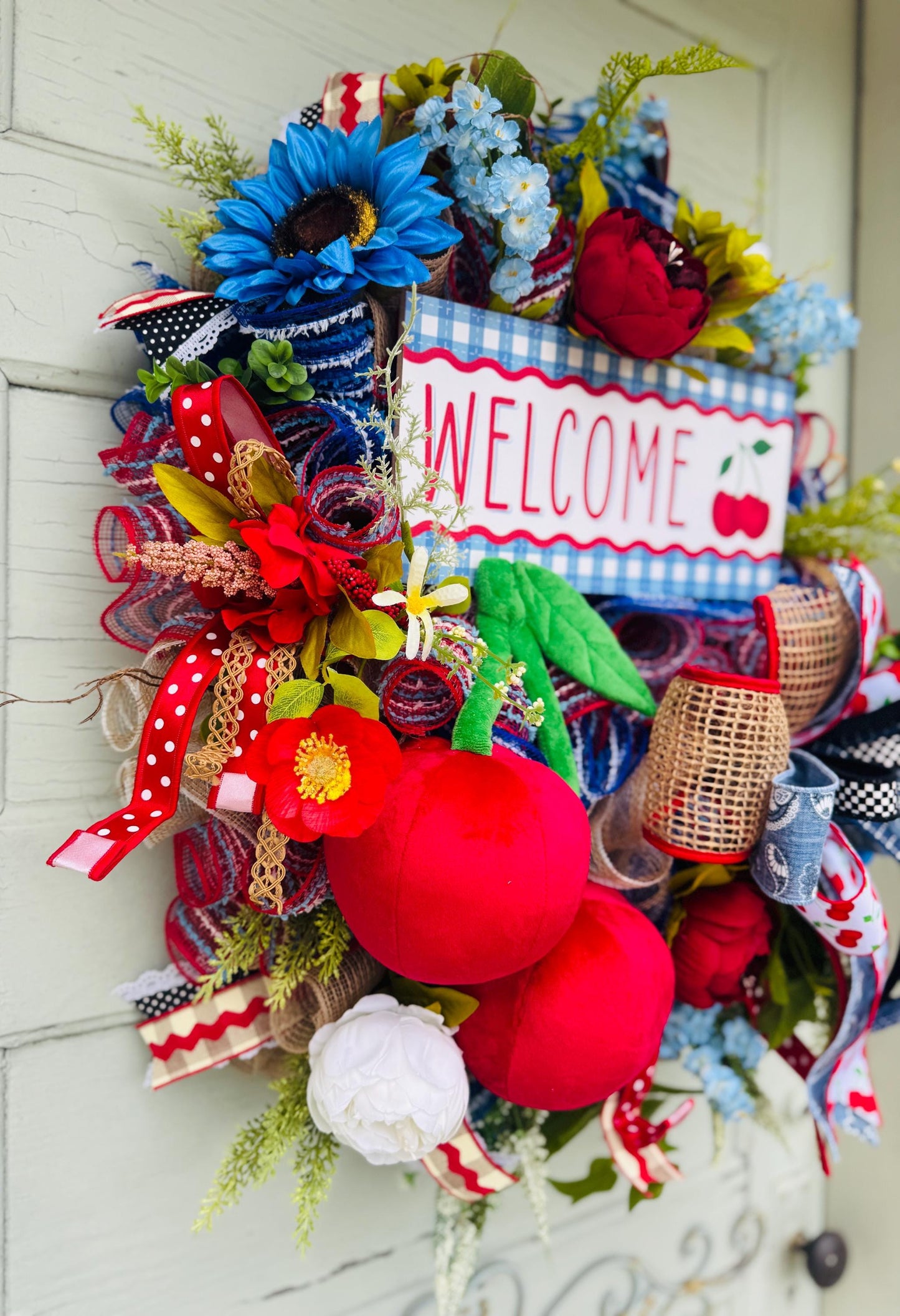 Plush Cherry Wreath with Blue Florals | Seasonal Summer Welcome Wreath Rustic Cherry Door Wreath | Spring Summer Decor | Front Door Wreath
