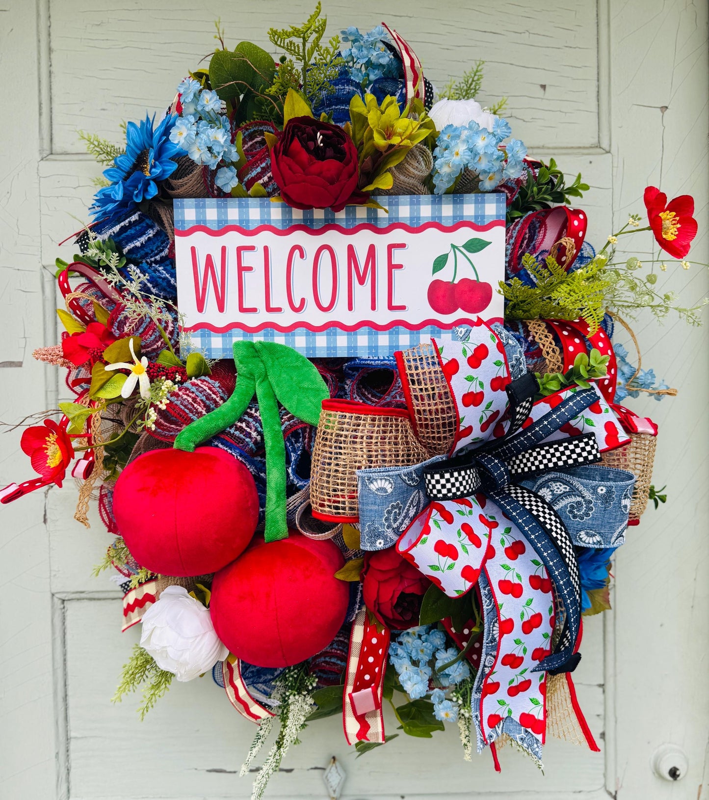 Plush Cherry Wreath with Blue Florals | Seasonal Summer Welcome Wreath Rustic Cherry Door Wreath | Spring Summer Decor | Front Door Wreath