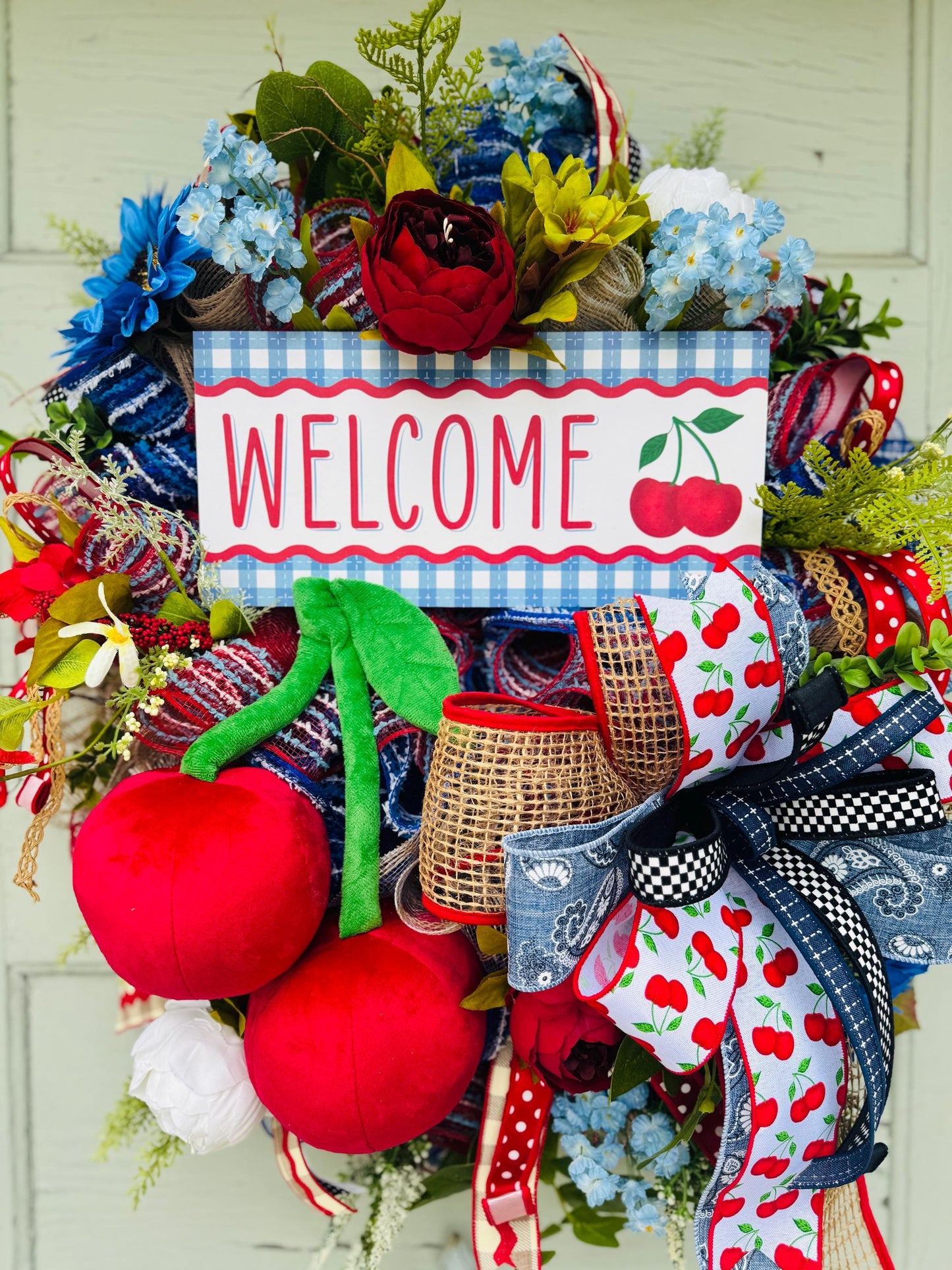Plush Cherry Wreath with Blue Florals | Seasonal Summer Welcome Wreath Rustic Cherry Door Wreath | Spring Summer Decor | Front Door Wreath