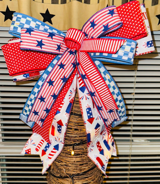 Patriotic Red White & Blue Bow Americana 4th of July Decoration, Lantern Bow, Mailbox or Porch Accent, Decor for Lanterns Wreaths or gifts