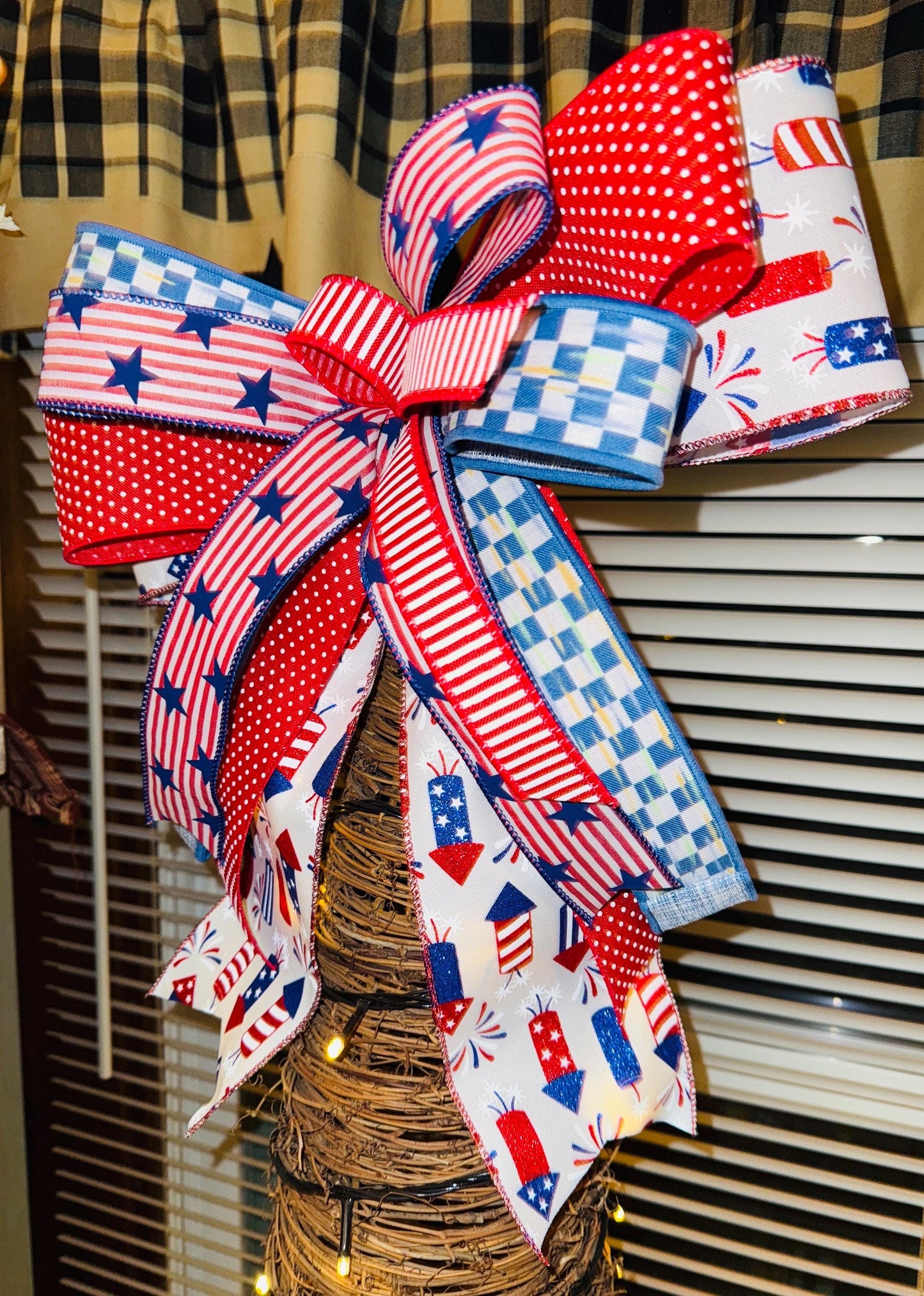 Patriotic Red White & Blue Bow Americana 4th of July Decoration, Lantern Bow, Mailbox or Porch Accent, Decor for Lanterns Wreaths or gifts