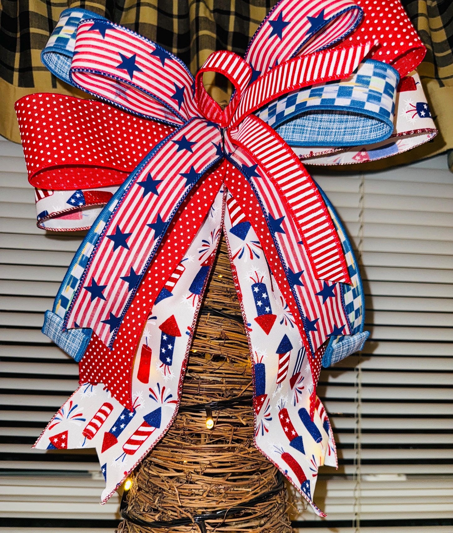 Patriotic Red White & Blue Bow Americana 4th of July Decoration, Lantern Bow, Mailbox or Porch Accent, Decor for Lanterns Wreaths or gifts