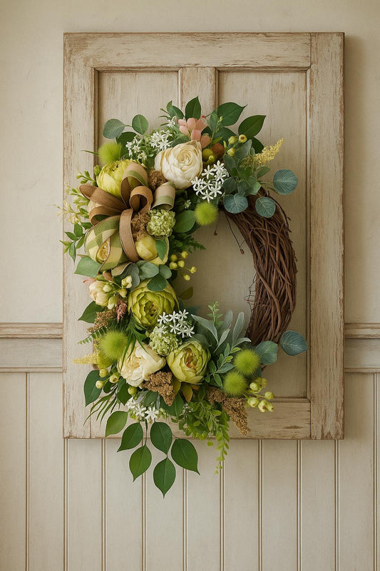 Spring to Fall cottage wreath with Neutral tones, Rustic  Wreath, Earthy Farmhouse Floral Decor, Mothers Day Gift, Natural Door Wreath