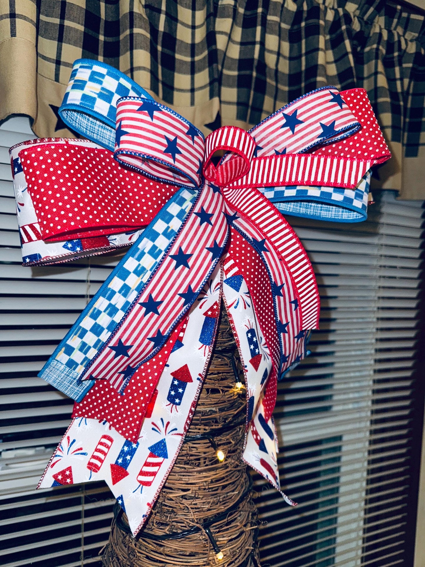 Patriotic Red White & Blue Bow Americana 4th of July Decoration, Lantern Bow, Mailbox or Porch Accent, Decor for Lanterns Wreaths or gifts