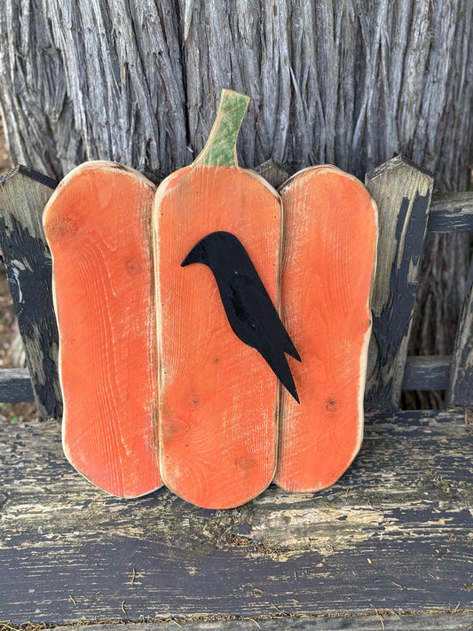 Wooden Fall Pumpkin Decor, Cedar wood pumpkin with crow, pumpkin door hanger, Fall Home Decor, rustic fall decor, handmade pumpkin hanger