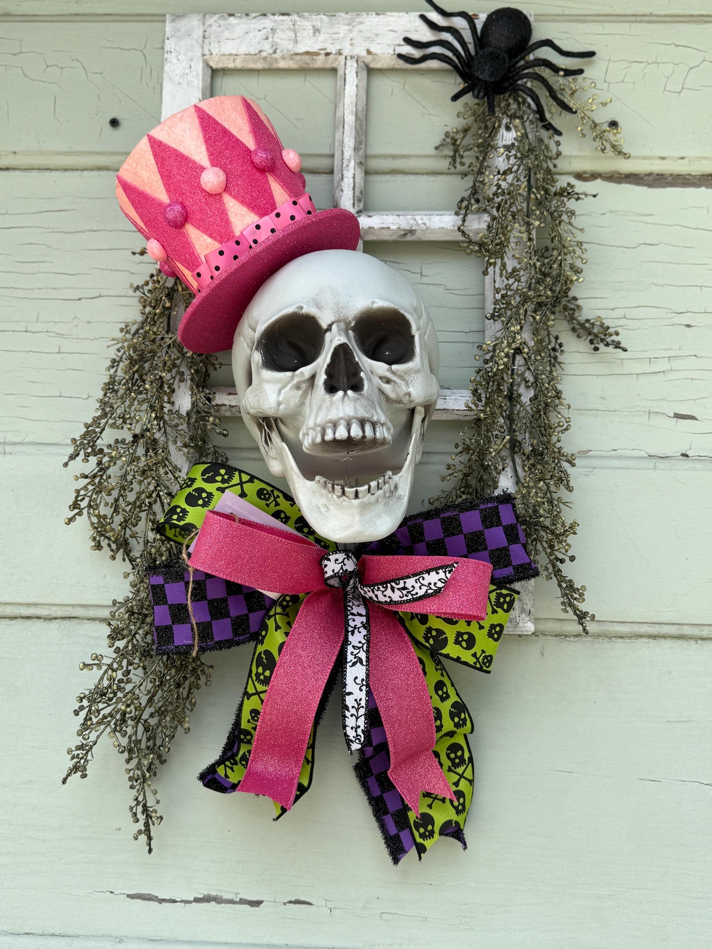 Skull with top hat home decor Halloween home decor Pink Top Hat Skull Halloween Window frame Decor Cute Skull Wall Art Creepy Cute Wreath