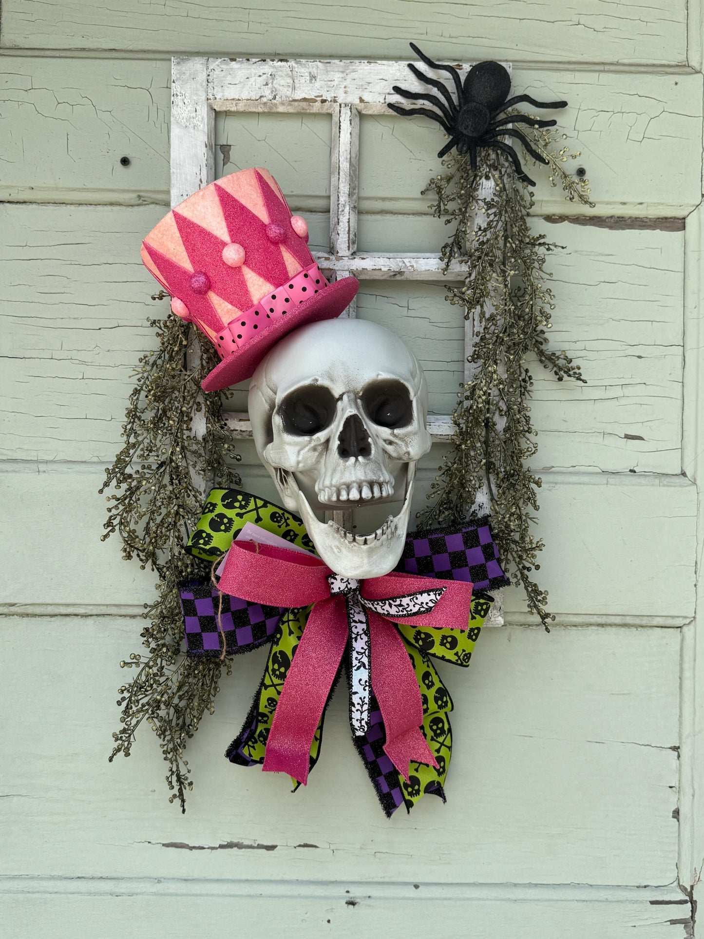 Skull with top hat home decor Halloween home decor Pink Top Hat Skull Halloween Window frame Decor Cute Skull Wall Art Creepy Cute Wreath