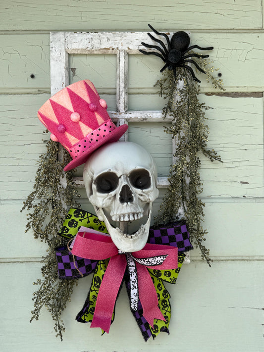 Skull with top hat home decor Halloween home decor Pink Top Hat Skull Halloween Window frame Decor Cute Skull Wall Art Creepy Cute Wreath